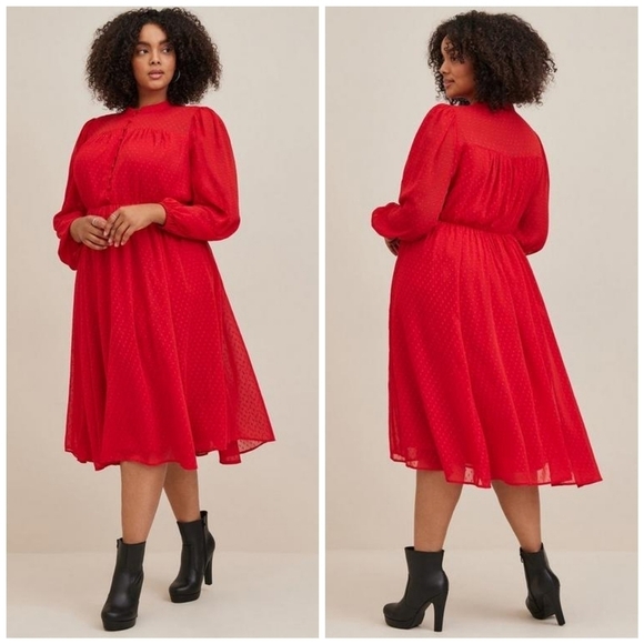 Torrid Red Love Clip Dot Print Button Front Chiffon Holiday Midi Dress - Picture 1 of 9